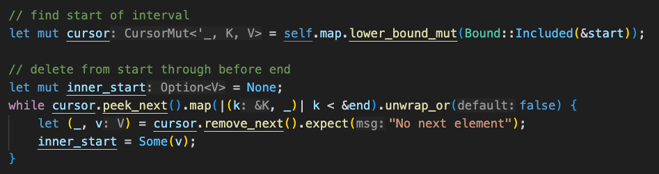 Example code that uses a Cursor to remove consecutive elements from a BTreeMap