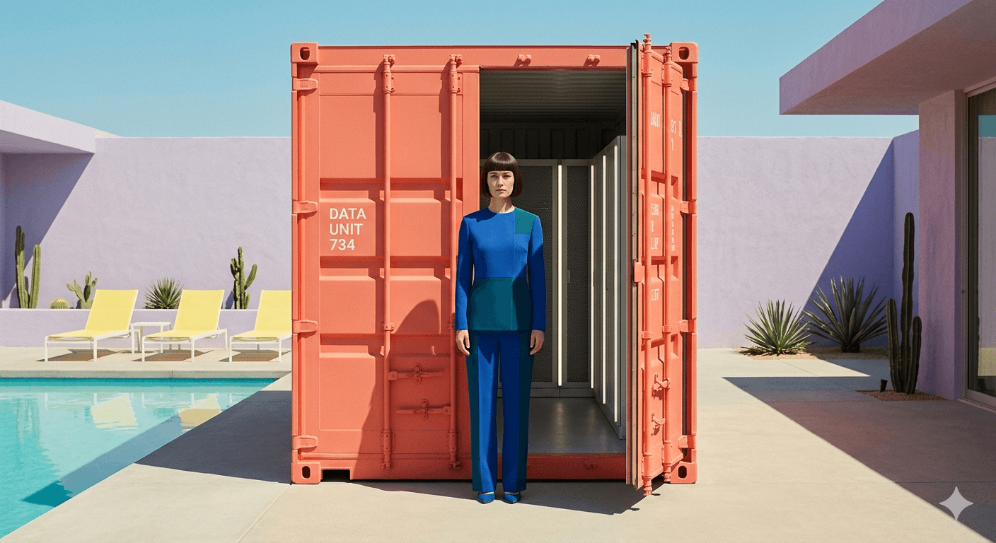 Woman in front of a shipping container. Flat, colorful art style