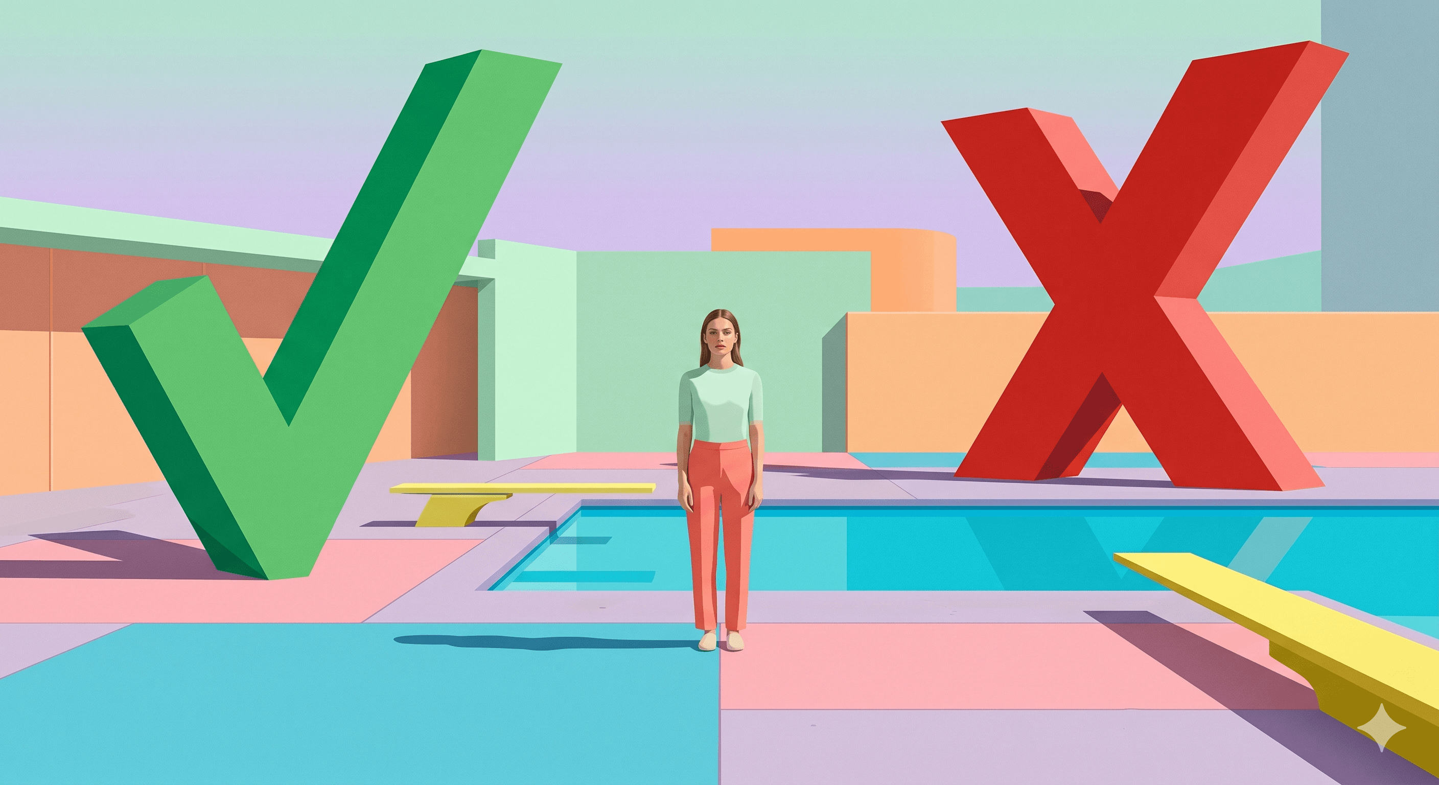Frau an einem Pool, Symbole für Ja und Nein gigantisch im Hintergrund